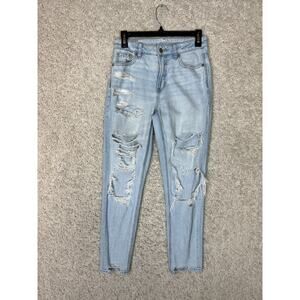 American Eagle Mom Jeans Womens 0‎ Blue Denim Light Wash Distressed Ripped Holes